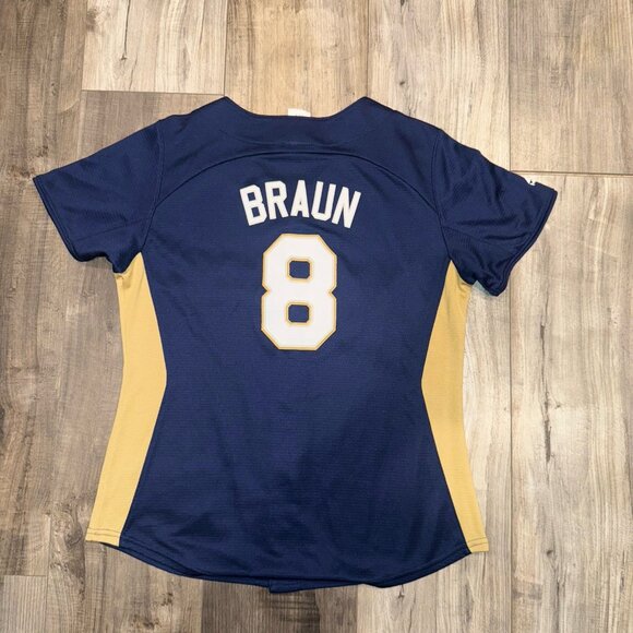 Milwaukee Brewers Braun Jersey Blue Gold White Med MLB Majestic Top Women's M/M - Picture 2 of 7